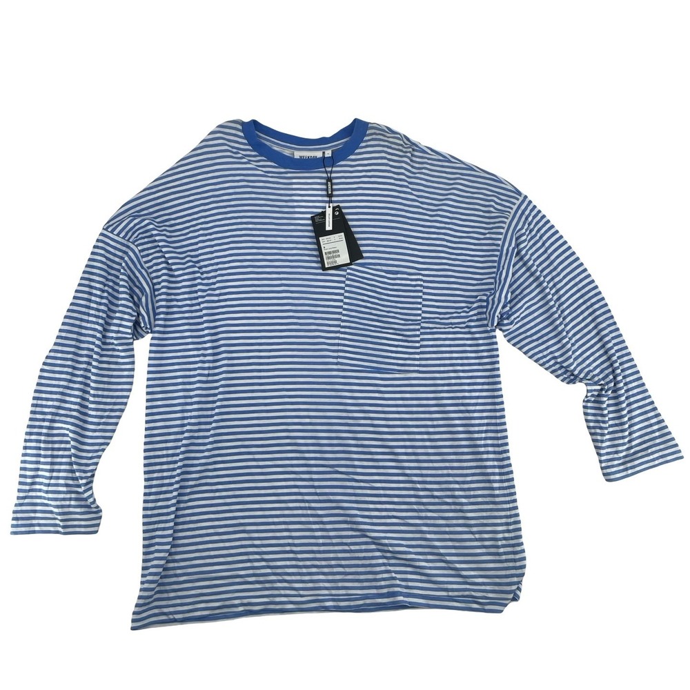 Weekday Men's T-Shirt Block Long Sleeve Striped Blue White Small NWT